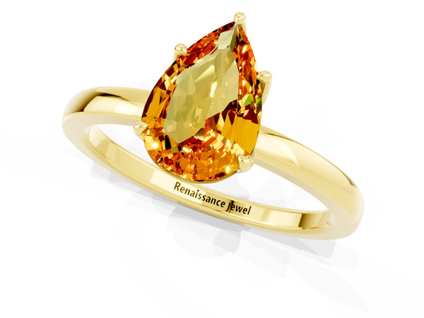 Yellow gold Pear Cut Citrine Solitaire Ring with Thin Band and Prong Setting