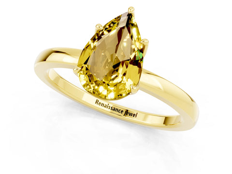 Yellow gold Pear Cut Solitaire Diamond Ring with Thin Band and Four-Prong Setting_1