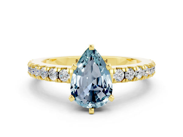 Yellow gold Pear Cut Solitaire Aquamarine with Pavé Band and Four-Prong Setting