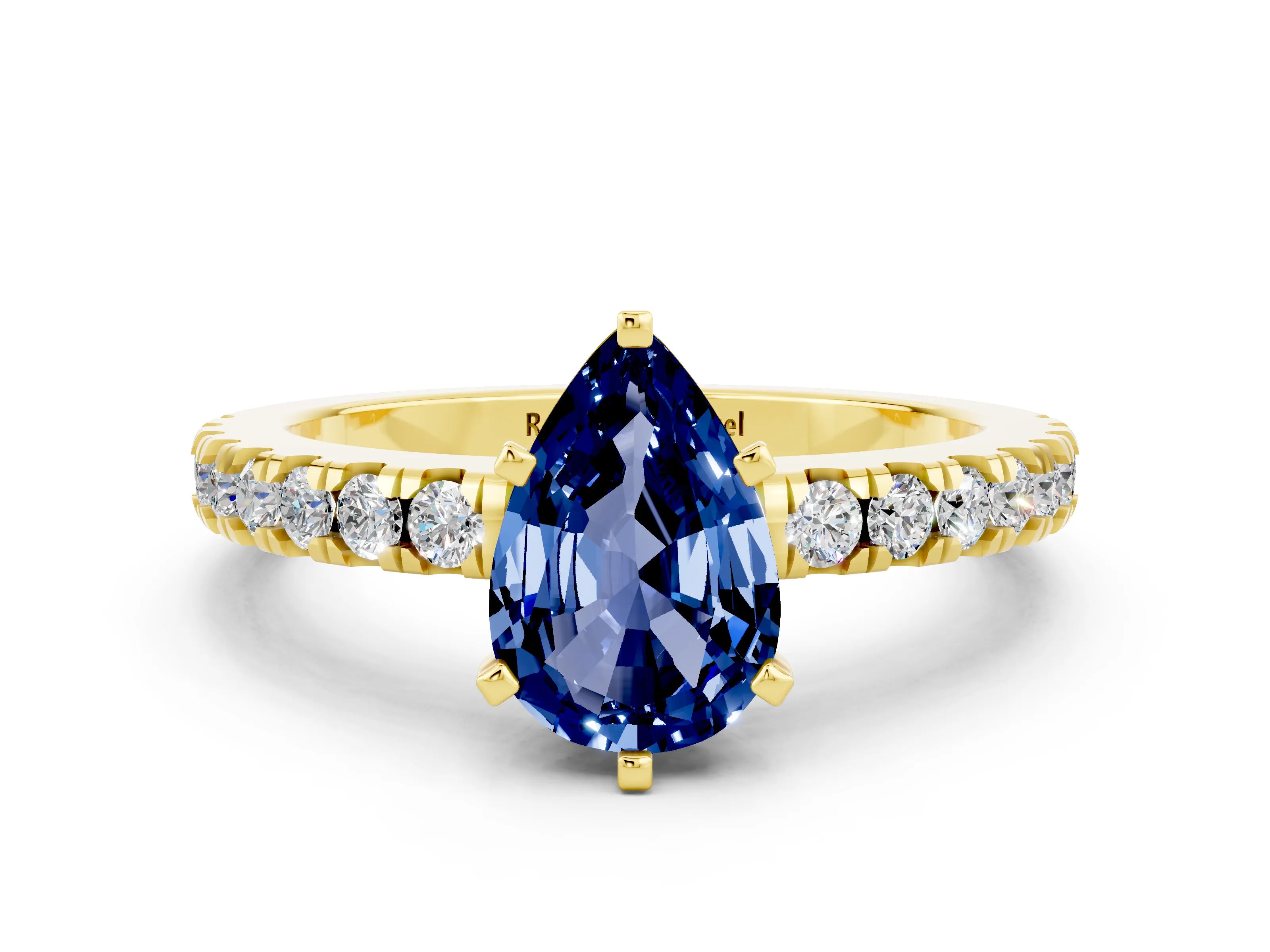 Yellow gold Pear Cut Solitaire Diamond with Pavé Band and Four-Prong Setting