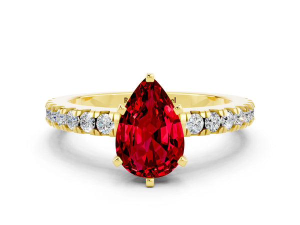 Yellow gold Pear Cut Solitaire Ruby with Pavé Band and Four-Prong Setting