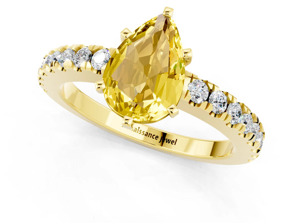 Yellow gold Pear Cut Solitaire Yellow Sapphire with Pavé Band and Four-Prong Setting