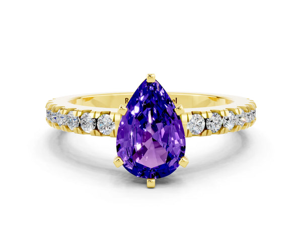 Yellow gold Pear Cut Solitaire Tanzanite with Pavé Band and Four-Prong Setting