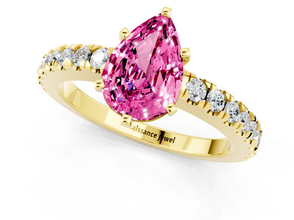 Yellow gold Pear Cut Solitaire Pink Sapphire with Pavé Band and Four-Prong Setting