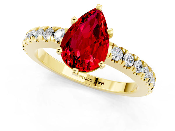 Yellow gold Pear Cut Solitaire Ruby with Pavé Band and Four-Prong Setting