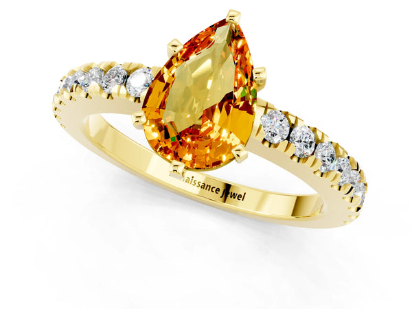 Yellow gold Pear Cut Solitaire Citrine with Pavé Band and Four-Prong Setting