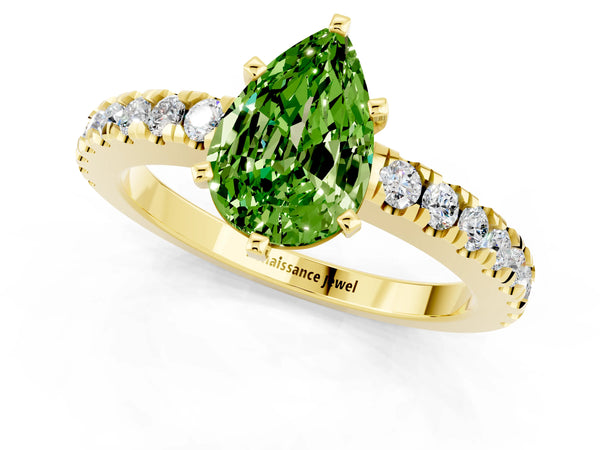 Yellow gold Pear Cut Solitaire Peridot with Pavé Band and Four-Prong Setting