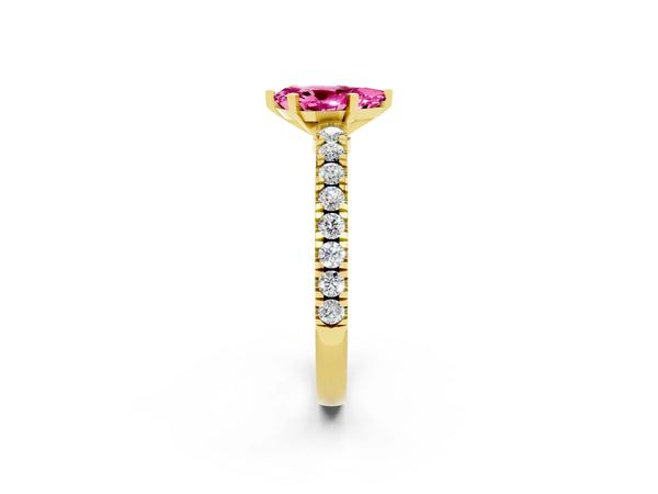 Yellow gold Pear Cut Solitaire Pink Sapphire with Pavé Band and Four-Prong Setting