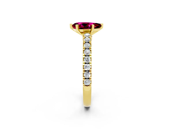 Yellow gold Pear Cut Solitaire Garnet with Pavé Band and Four-Prong Setting