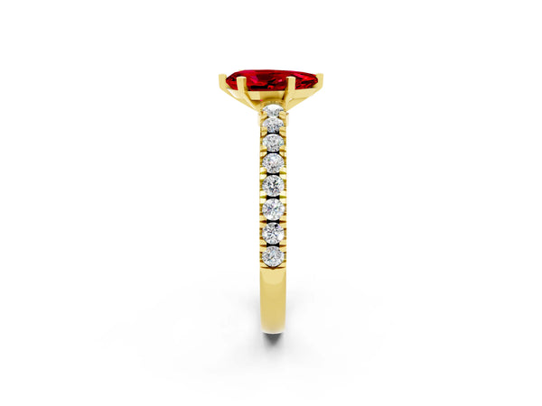Yellow gold Pear Cut Solitaire Ruby with Pavé Band and Four-Prong Setting