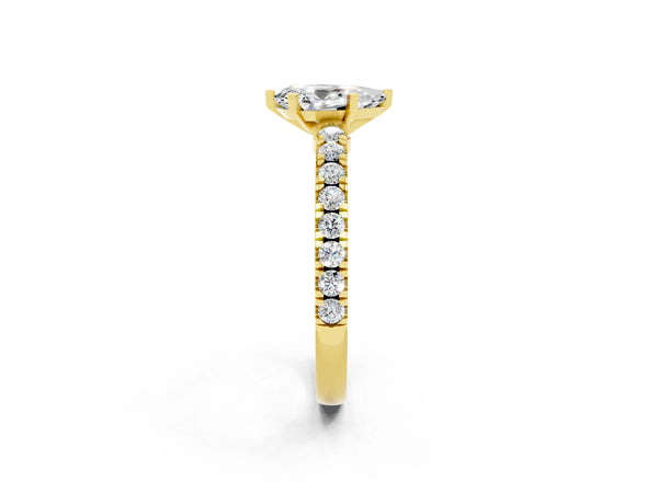 Yellow gold Pear Cut Solitaire Moissanite with Pavé Band and Four-Prong Setting