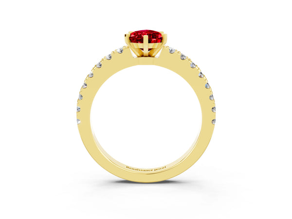 Yellow gold Pear Cut Solitaire Ruby with Pavé Band and Four-Prong Setting
