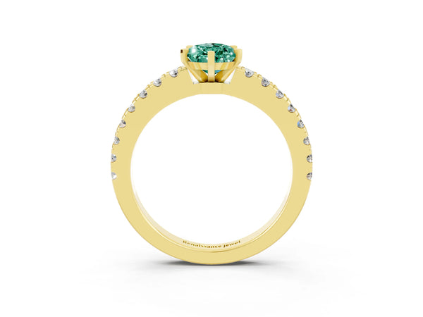 Yellow gold Pear Cut Solitaire Green Sapphire with Pavé Band and Four-Prong Setting