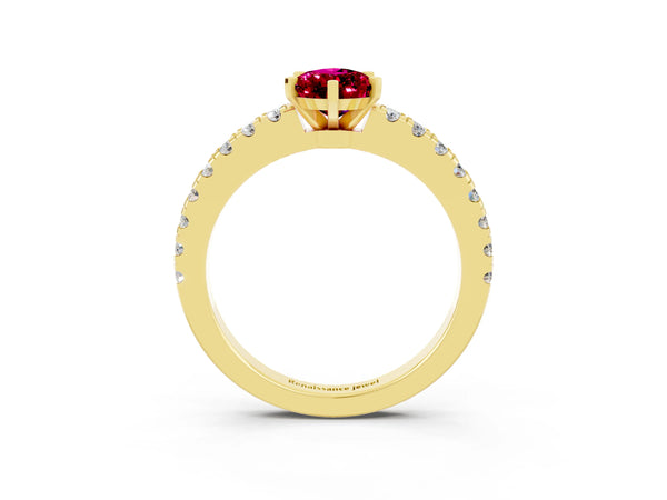 Yellow gold Pear Cut Solitaire Garnet with Pavé Band and Four-Prong Setting