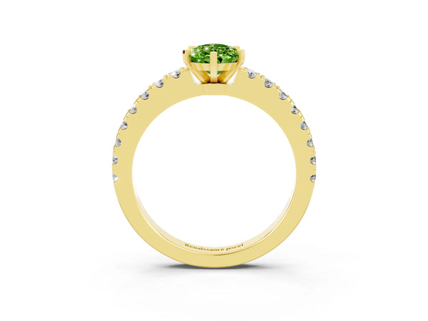 Yellow gold Pear Cut Solitaire Peridot with Pavé Band and Four-Prong Setting