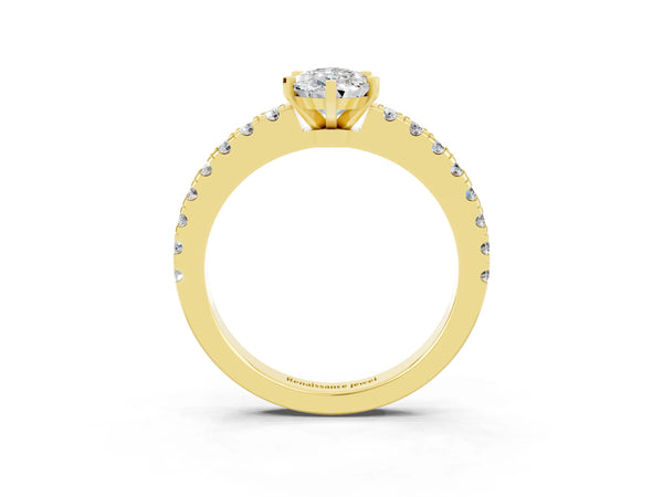 Yellow gold Pear Cut Solitaire Moissanite with Pavé Band and Four-Prong Setting