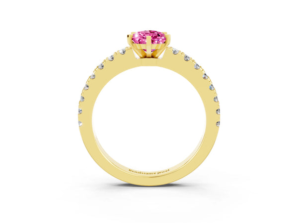 Yellow gold Pear Cut Solitaire Pink Sapphire with Pavé Band and Four-Prong Setting