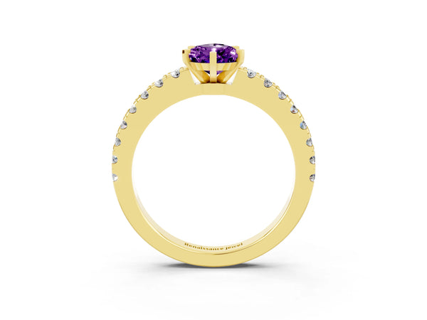 Yellow gold Pear Cut Solitaire Amethyst with Pavé Band and Four-Prong Setting
