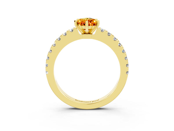 Yellow gold Pear Cut Solitaire Citrine with Pavé Band and Four-Prong Setting