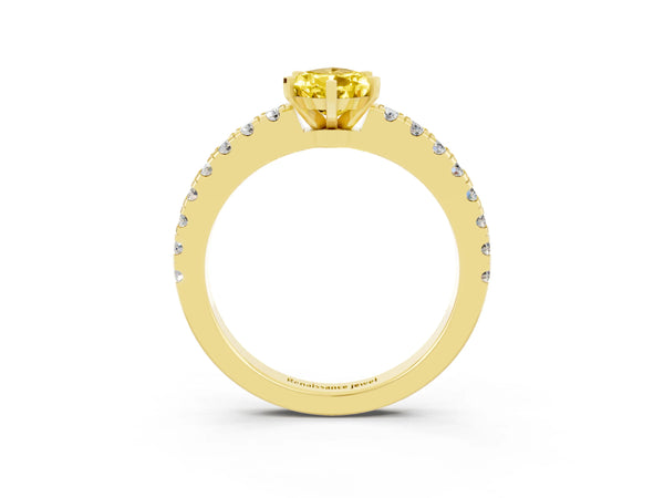 Yellow gold Pear Cut Solitaire Yellow Sapphire with Pavé Band and Four-Prong Setting