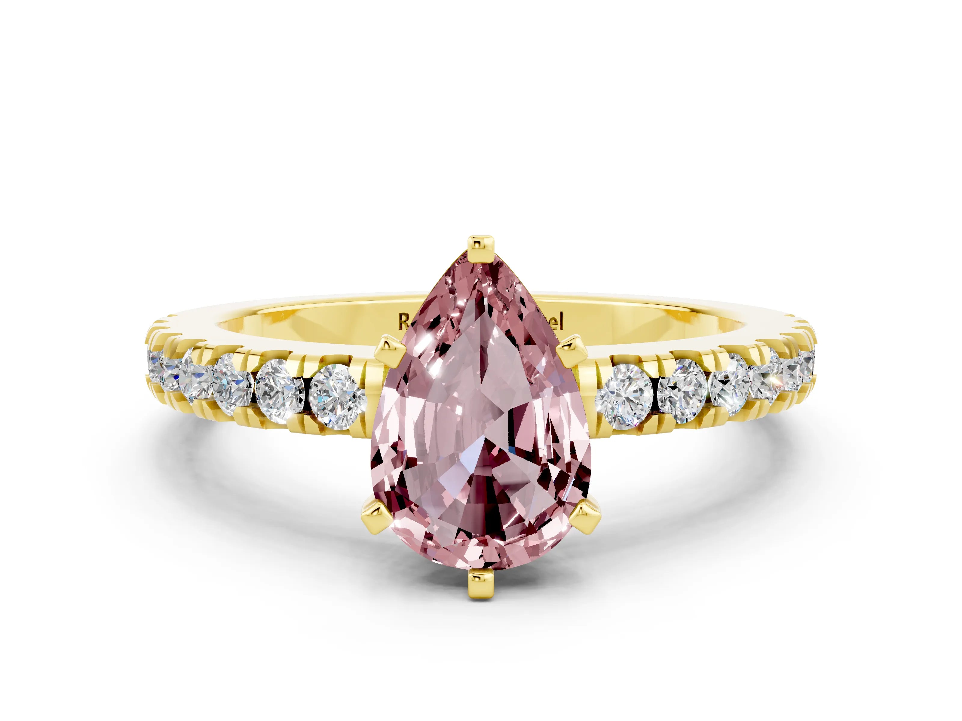 Yellow gold Pear Cut Solitaire Diamond with Pavé Band and Four-Prong Setting