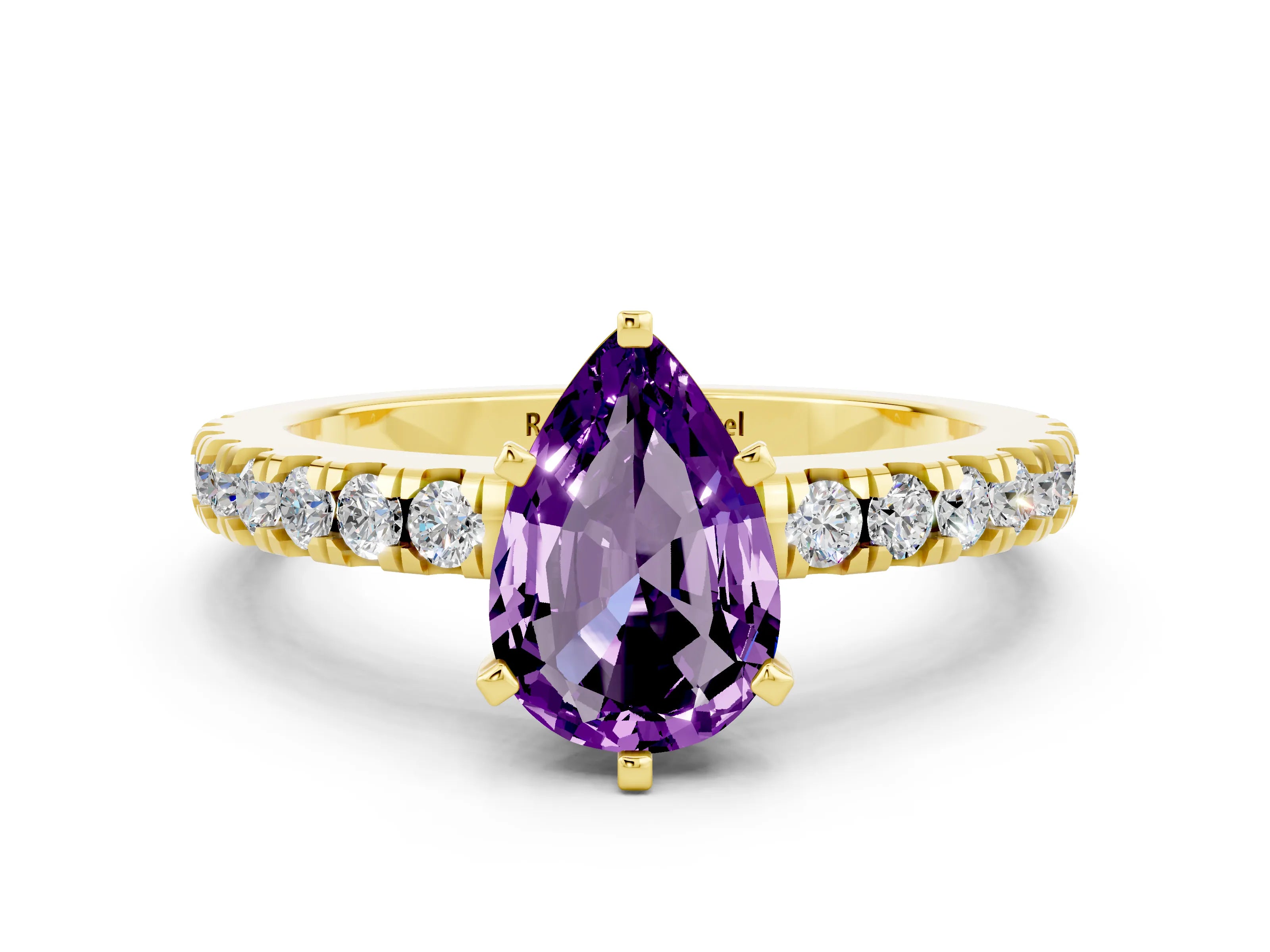 Yellow gold Pear Cut Solitaire Diamond with Pavé Band and Four-Prong Setting