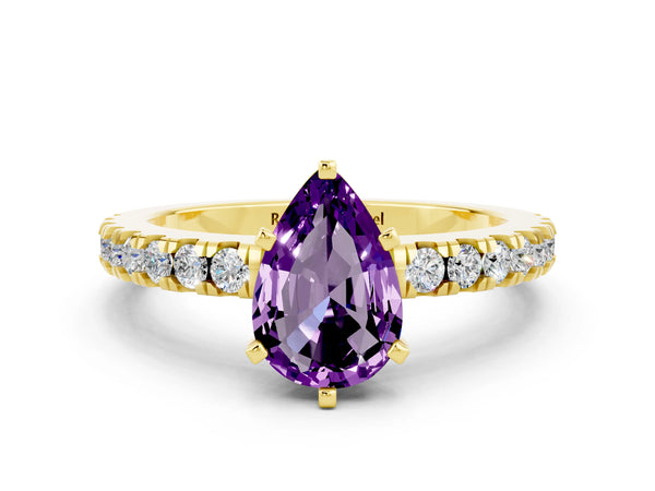 Yellow gold Pear Cut Solitaire Amethyst with Pavé Band and Four-Prong Setting