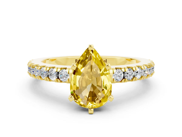 Yellow gold Pear Cut Solitaire Yellow Sapphire with Pavé Band and Four-Prong Setting