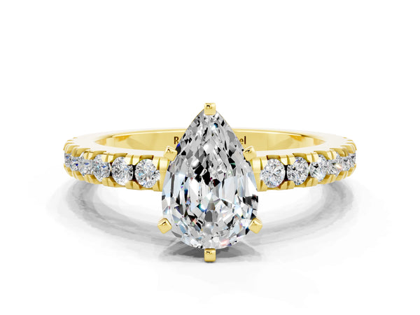 Yellow gold Pear Cut Solitaire Moissanite with Pavé Band and Four-Prong Setting