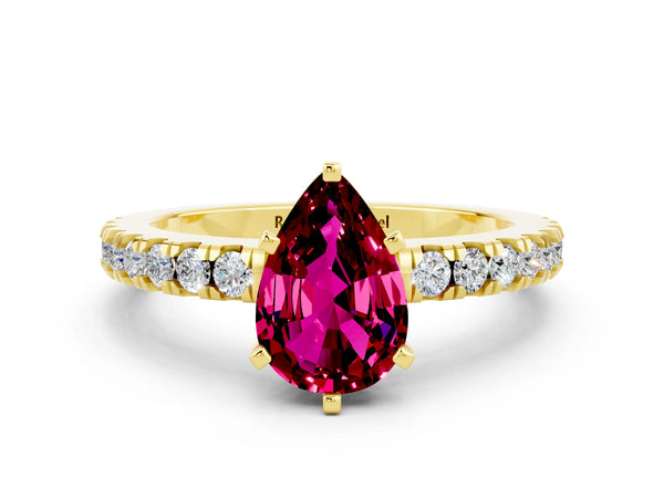 Yellow gold Pear Cut Solitaire Garnet with Pavé Band and Four-Prong Setting