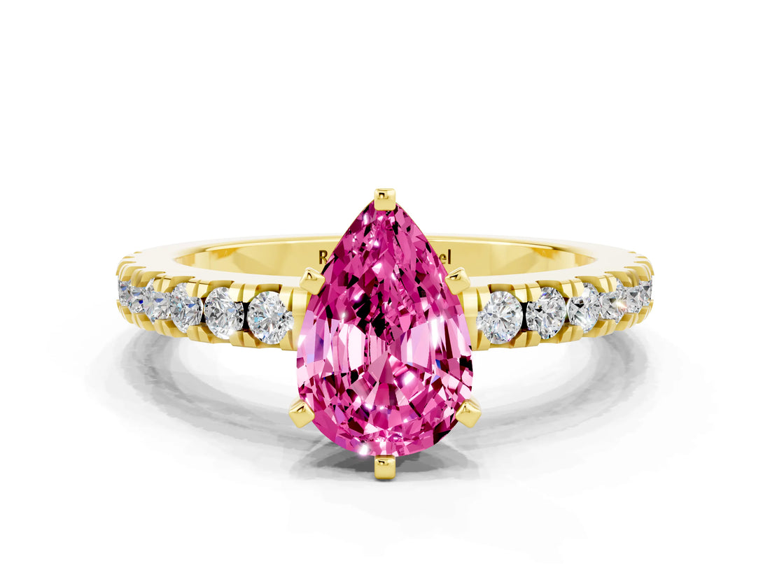 Yellow gold Pear Cut Solitaire Diamond with Pavé Band and Four-Prong Setting