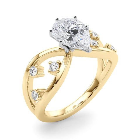 Yellow gold Pear Cut Solitaire Diamond with Side Stones on Criss-Cross Band and Four-Prong Setting 1