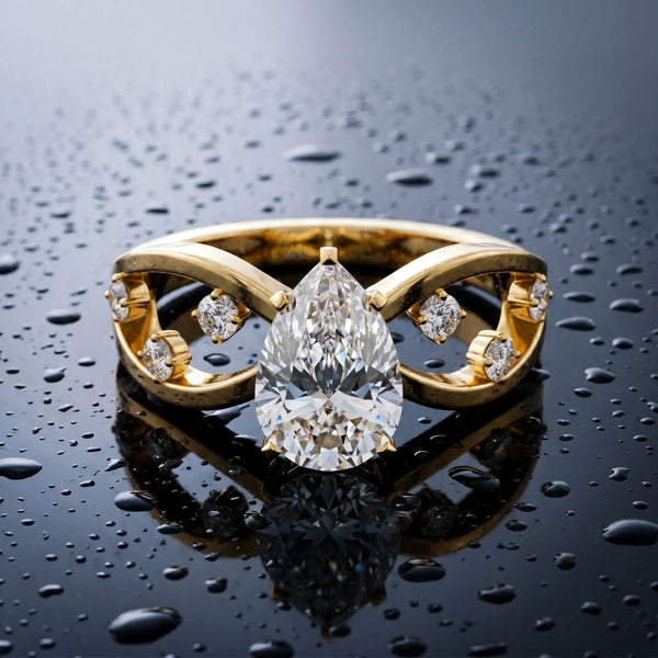 Yellow gold Pear Cut Solitaire Diamond with Side Stones on Criss-Cross Band and Four-Prong Setting