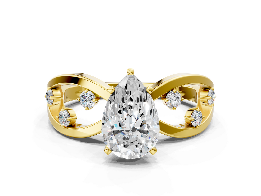 Yellow gold Pear Cut Solitaire Diamond with Side Stones on Criss-Cross Band and Four-Prong Setting_25