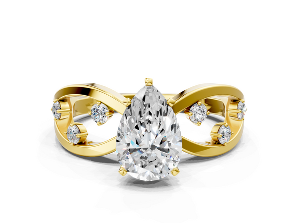 Yellow gold Pear Cut Solitaire Diamond with Side Stones on Criss-Cross Band and Four-Prong Setting