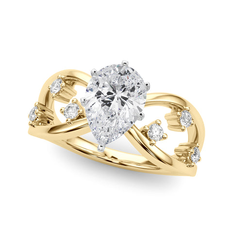 Yellow gold Pear Cut Solitaire Diamond with Side Stones on Criss-Cross Band and Four-Prong Setting