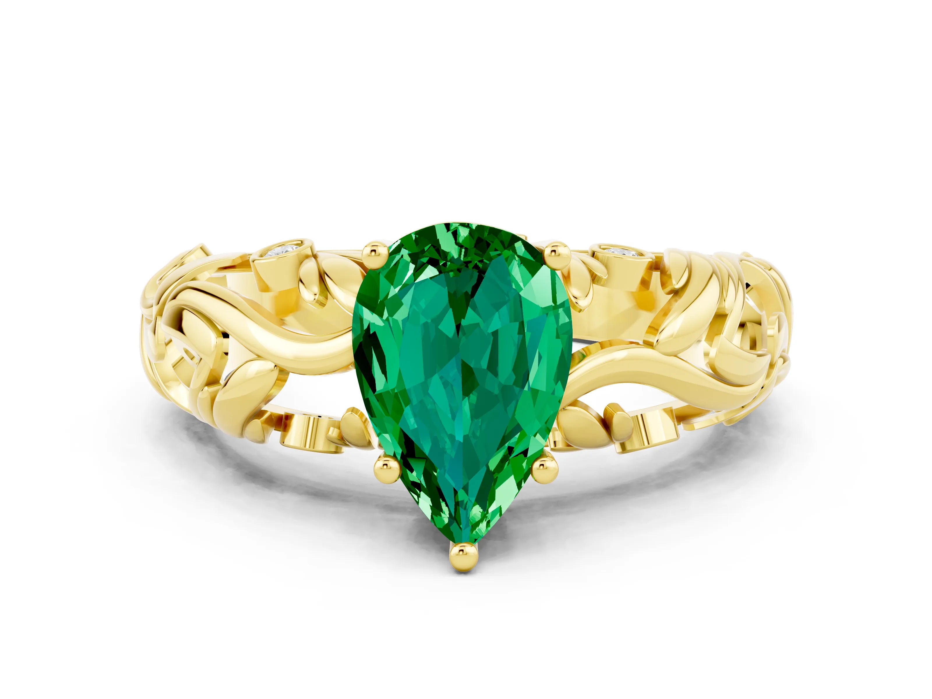 Yellow gold Pear Cut Solitaire Emerald Leaf-Inspired Vine Band Ring with Prong Setting
