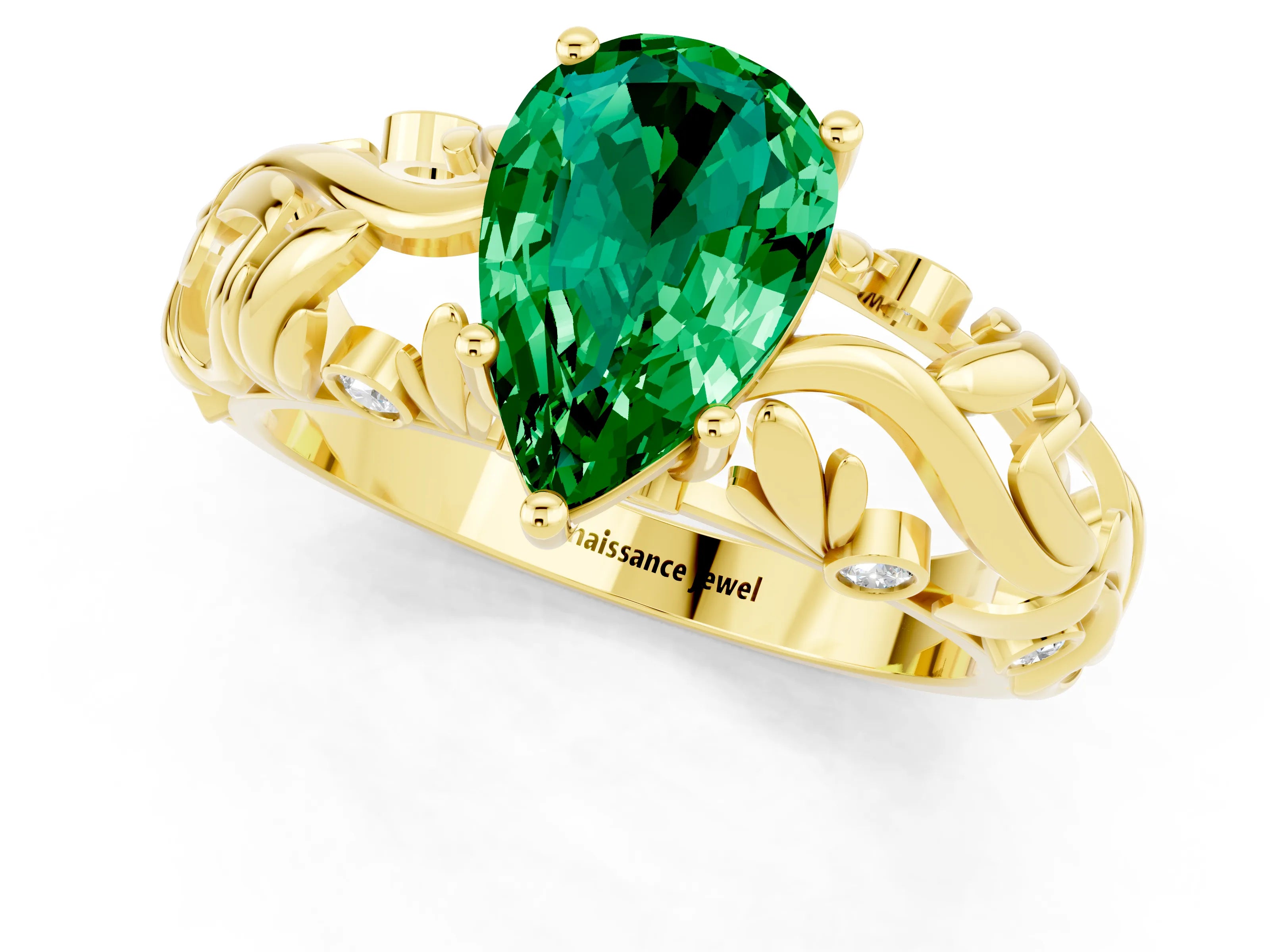 Yellow gold Pear Cut Solitaire Emerald Leaf-Inspired Vine Band Ring with Prong Setting_1