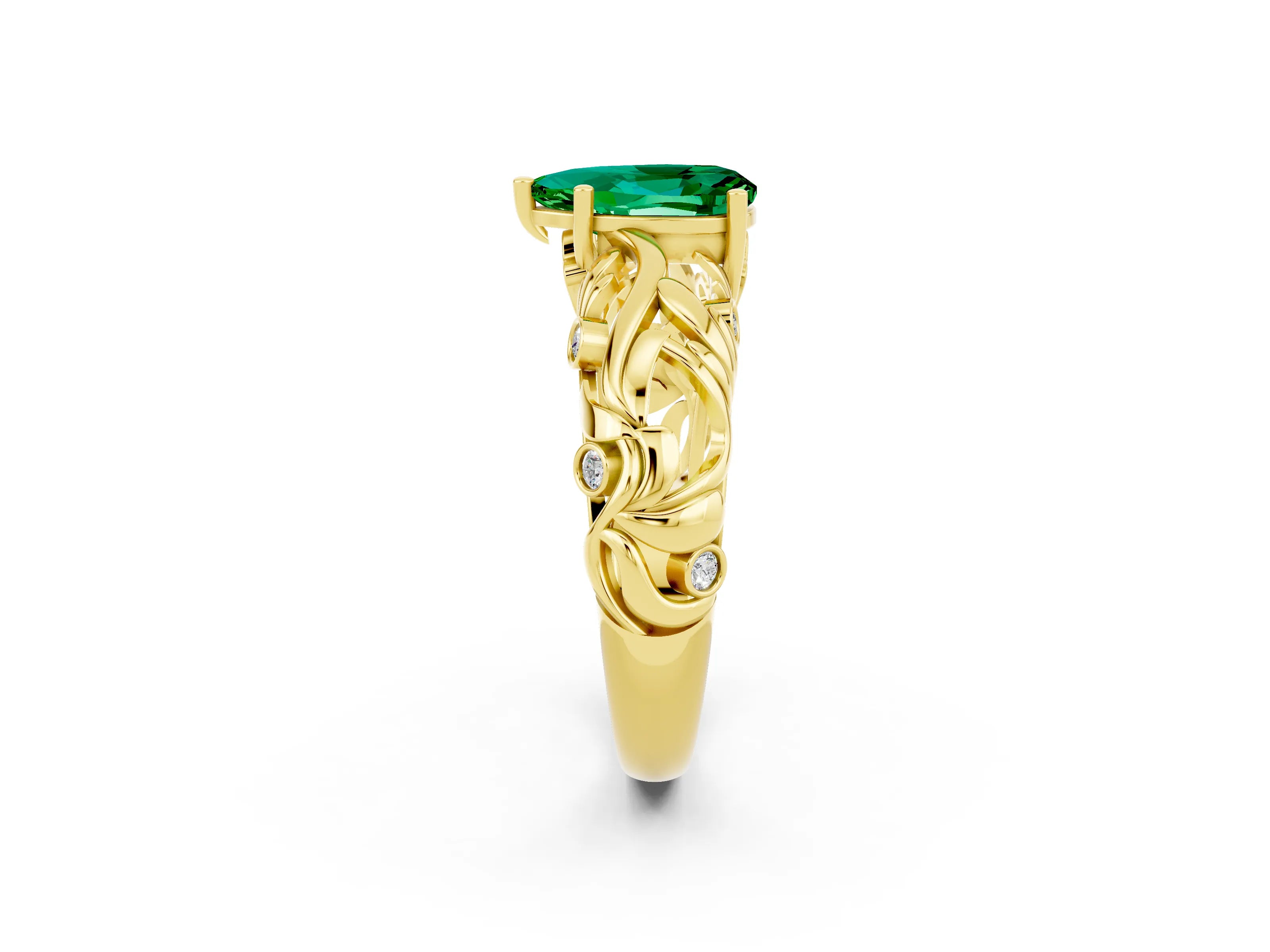 Yellow gold Pear Cut Solitaire Emerald Leaf-Inspired Vine Band Ring with Prong Setting_2