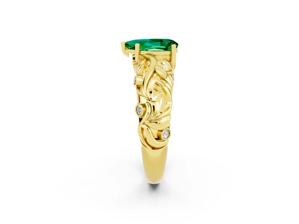 Yellow gold Pear Cut Solitaire Emerald Leaf-Inspired Vine Band Ring with Prong Setting