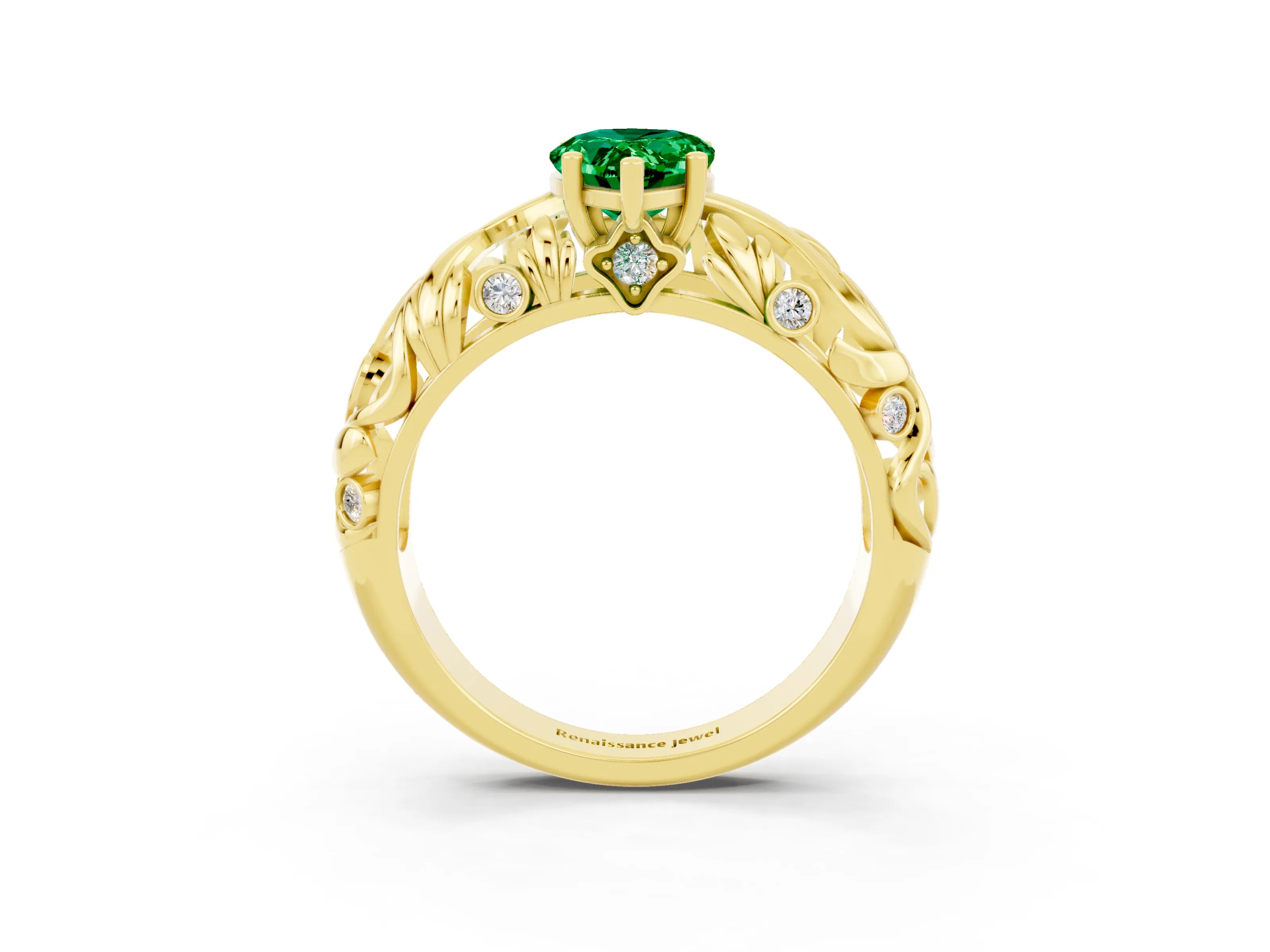 Yellow gold Pear Cut Solitaire Emerald Leaf-Inspired Vine Band Ring with Prong Setting_3