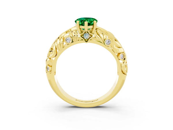 Yellow gold Pear Cut Solitaire Emerald Leaf-Inspired Vine Band Ring with Prong Setting