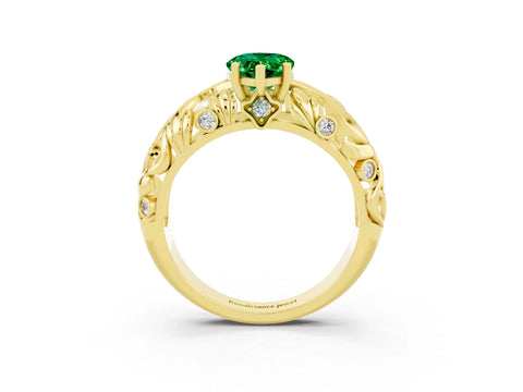 Yellow gold Pear Cut Solitaire Emerald Leaf-Inspired Vine Band Ring with Prong Setting_3