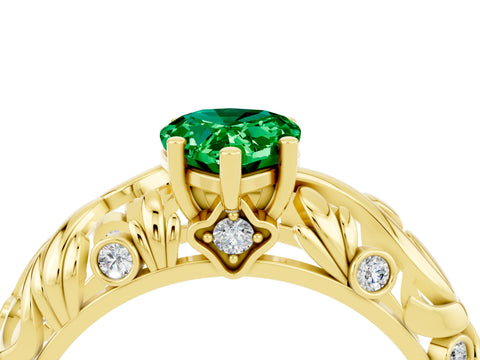 Yellow gold Pear Cut Solitaire Emerald Leaf-Inspired Vine Band Ring with Prong Setting_4