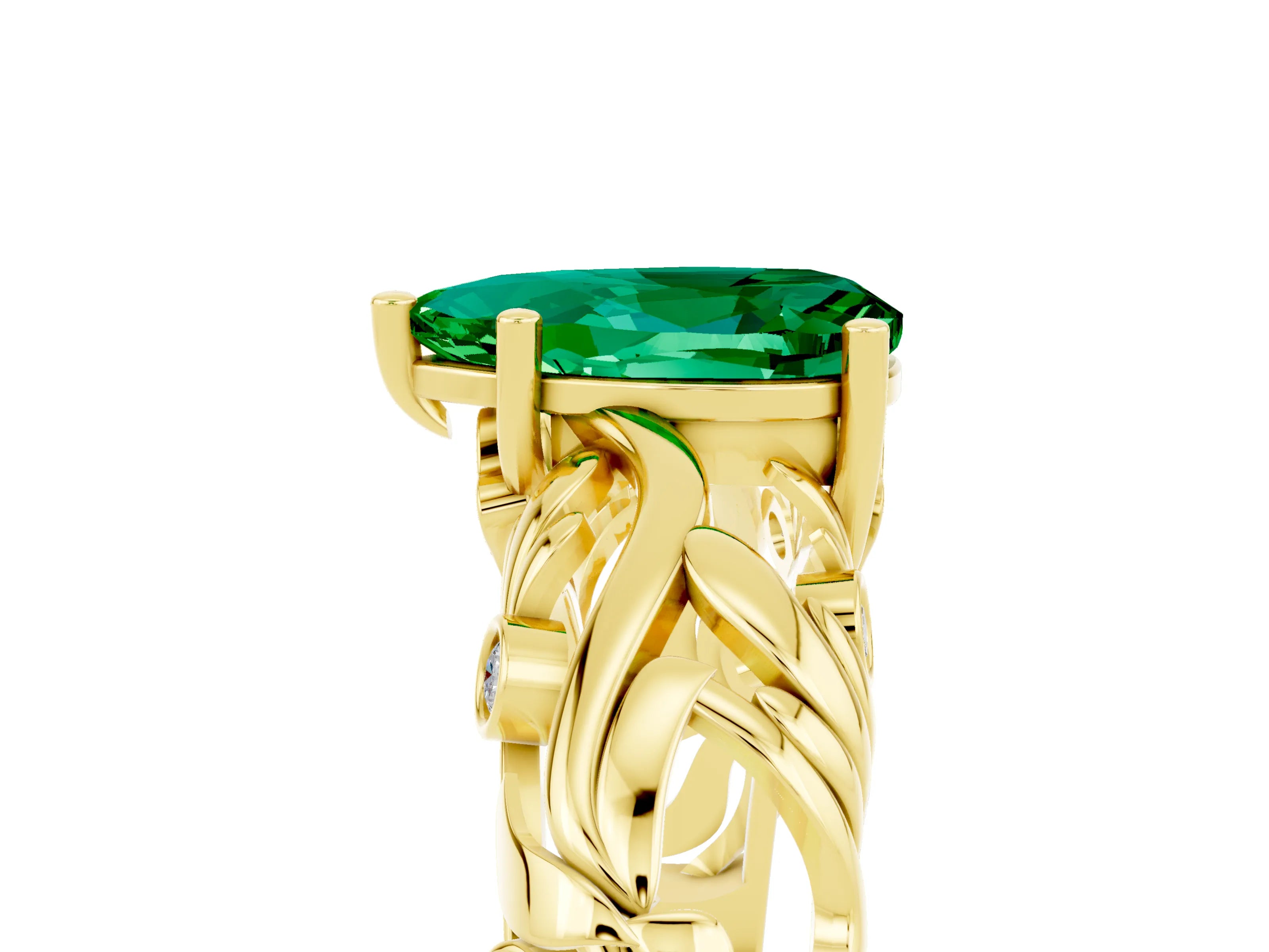Yellow gold Pear Cut Solitaire Emerald Leaf-Inspired Vine Band Ring with Prong Setting_5