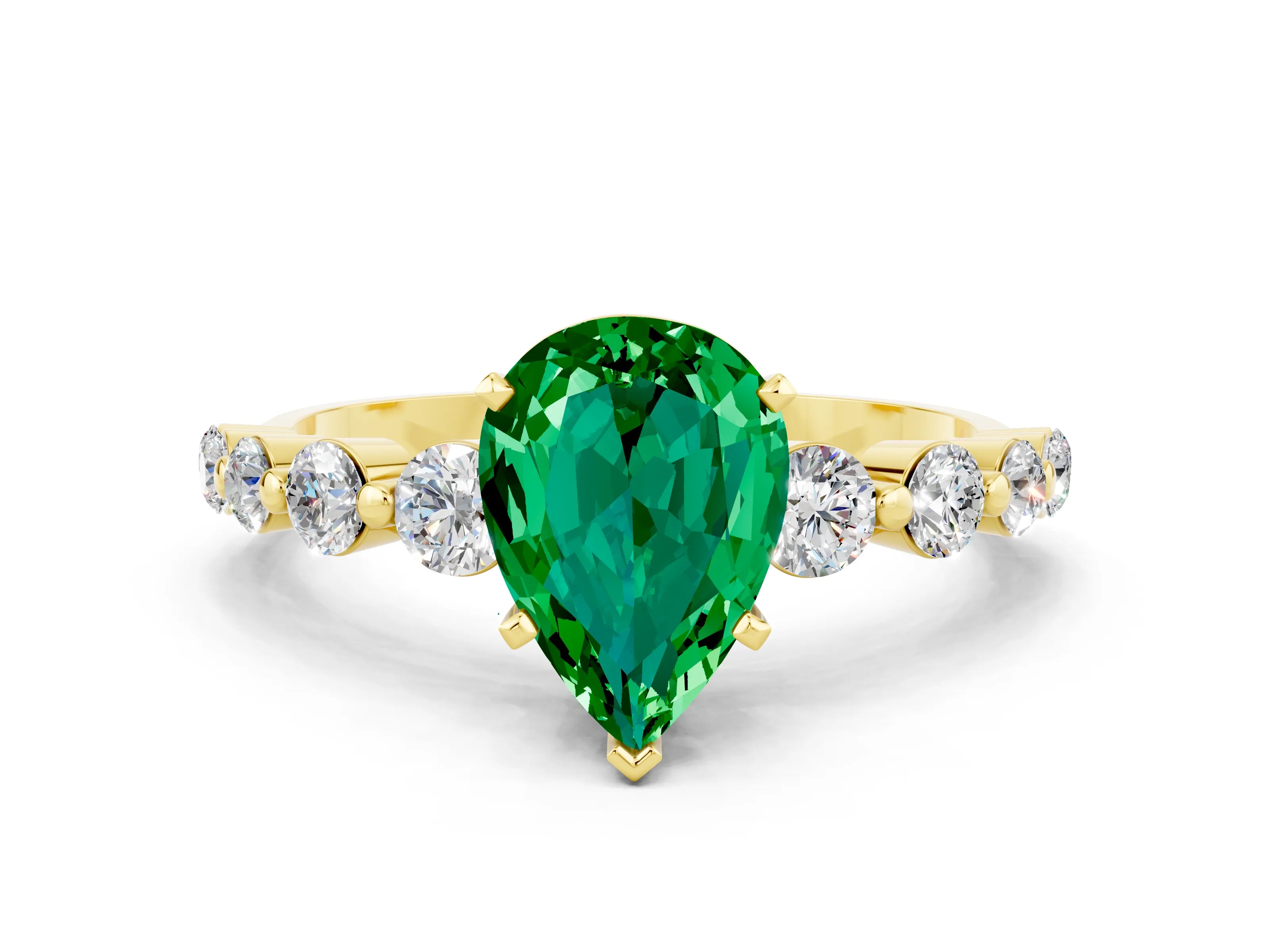 Yellow gold Pear Cut Solitaire Emerald Ring with Pave Band and Four-Prong Setting