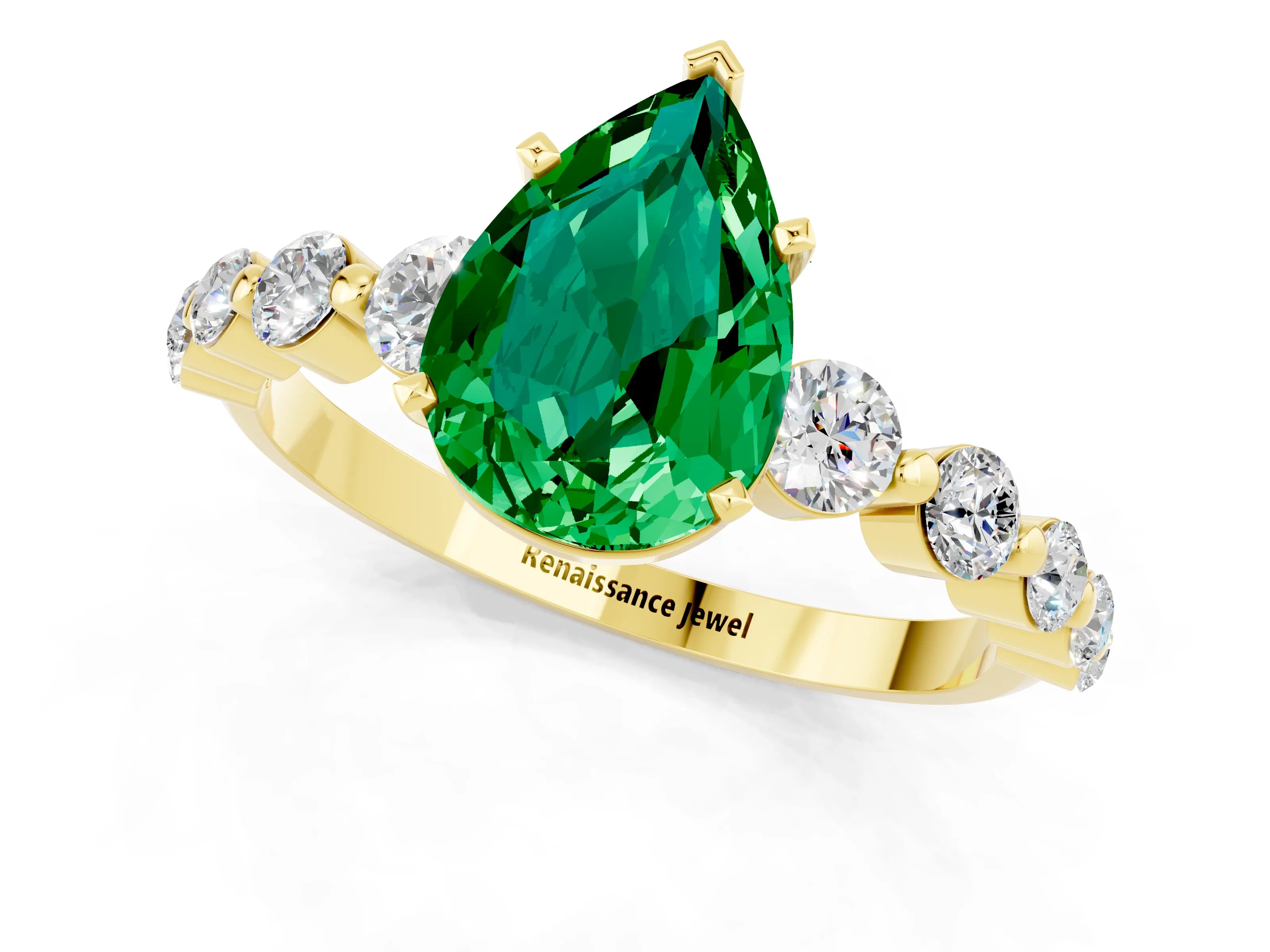 Yellow gold Pear Cut Solitaire Emerald Ring with Pave Band and Four-Prong Setting_1