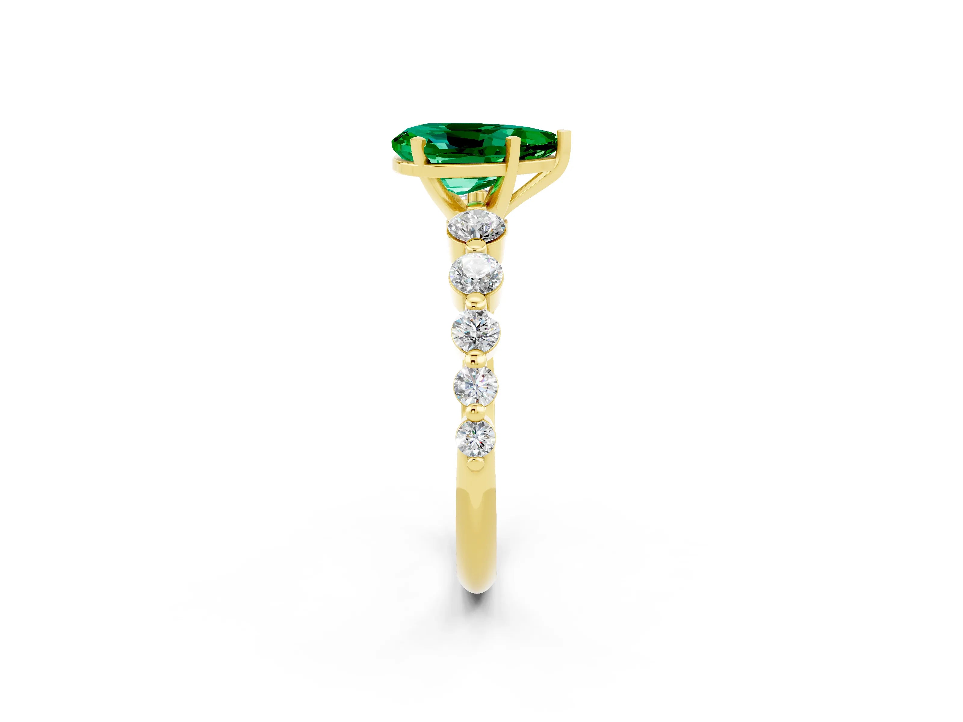 Yellow gold Pear Cut Solitaire Emerald Ring with Pave Band and Four-Prong Setting_2