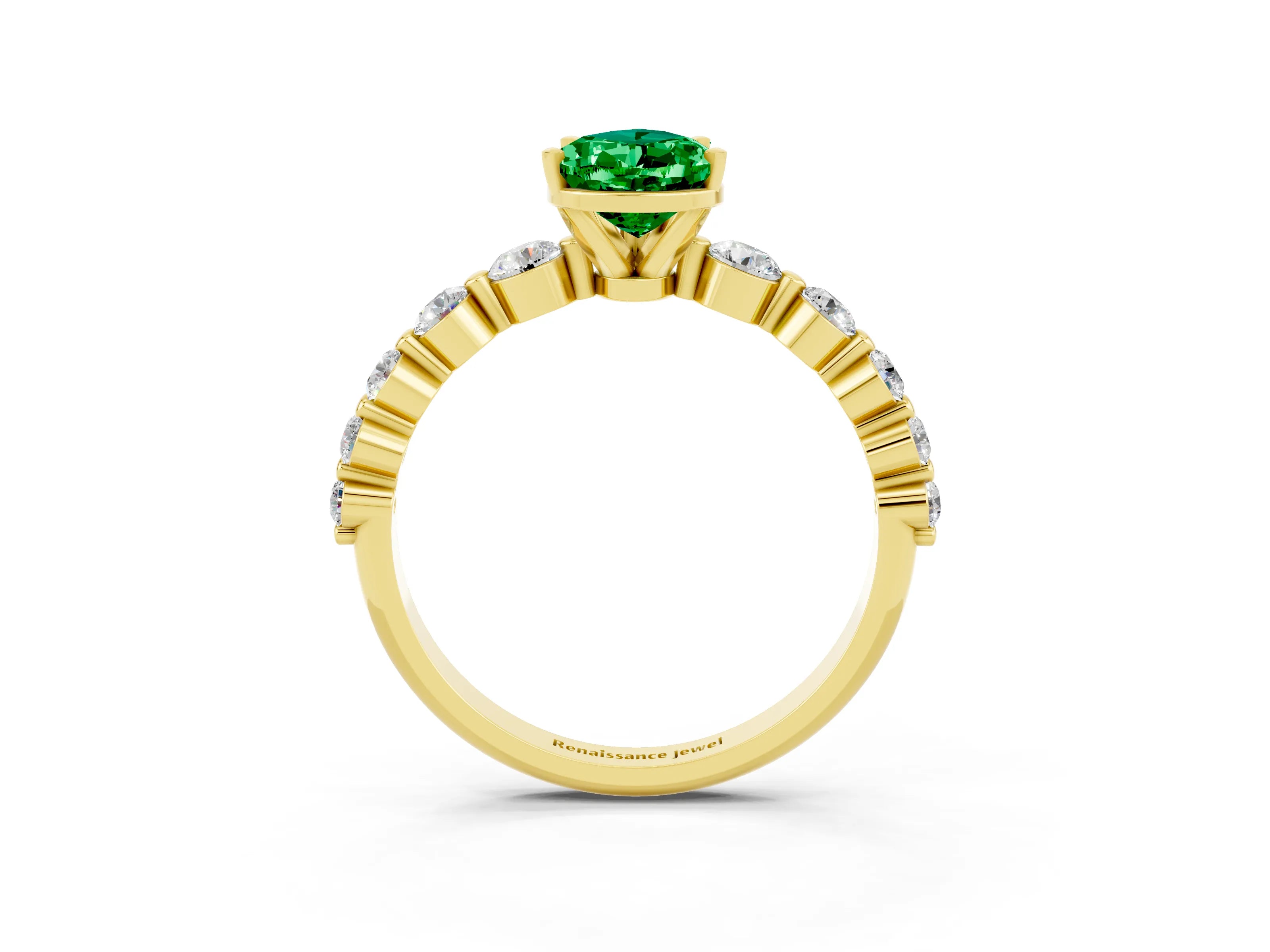 Yellow gold Pear Cut Solitaire Emerald Ring with Pave Band and Four-Prong Setting_3