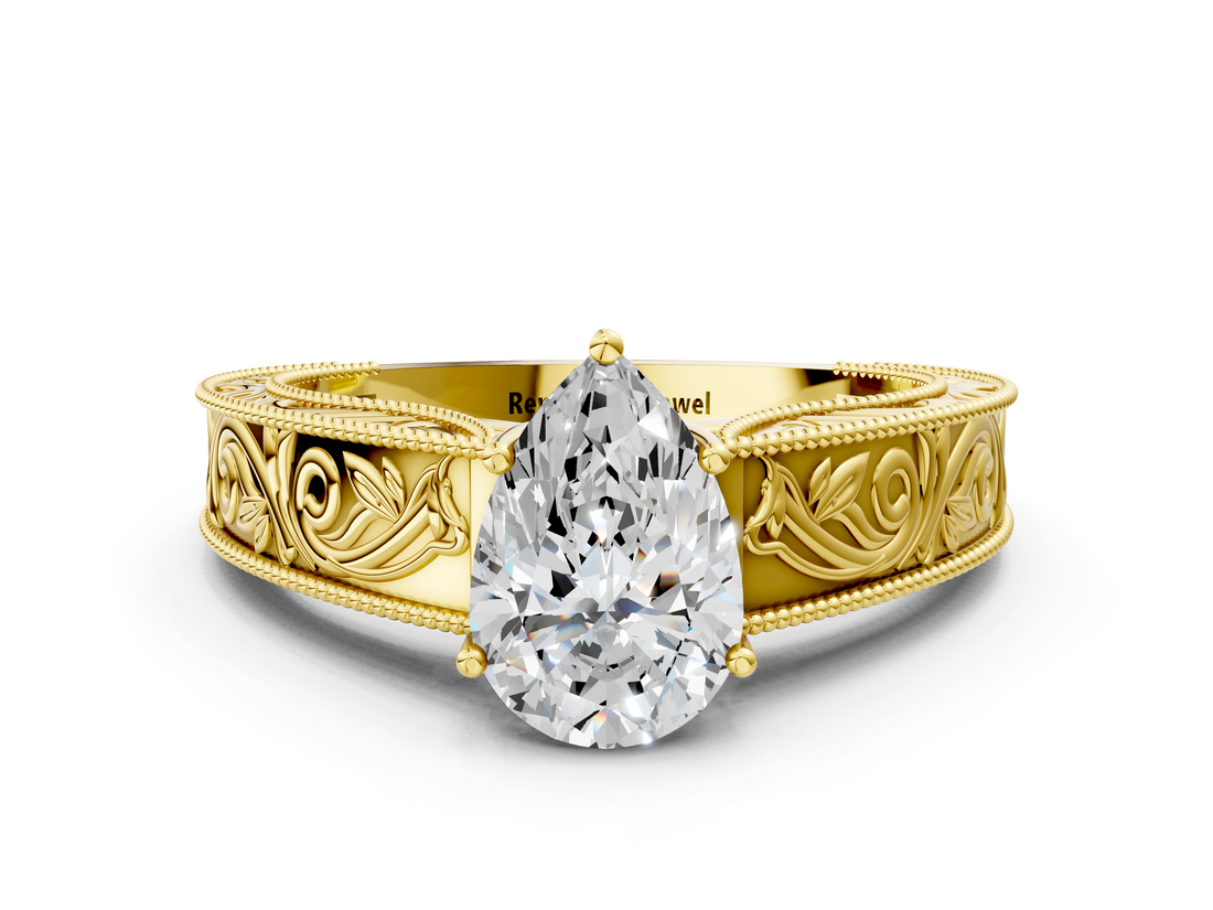 Yellow gold Pear Cut Solitaire Engraved Band with Four-Prong Setting_62